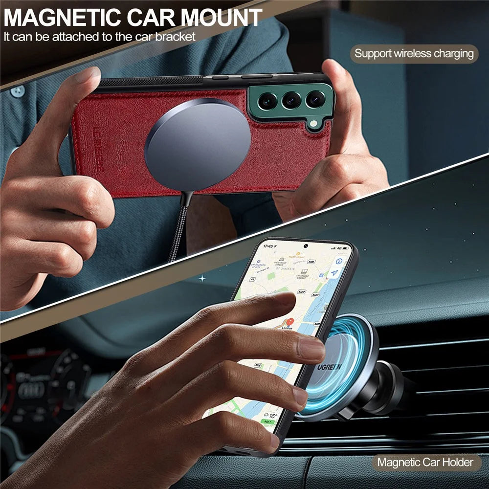 LC.IMEEKE L5 For Samsung	Galaxy S21 FE 5G Magnetic Phone Case Leather Back Cover with Detachable Card Holder - Red - 6