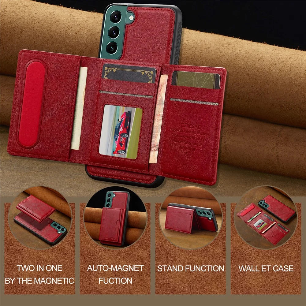 LC.IMEEKE L5 For Samsung	Galaxy S21 FE 5G Magnetic Phone Case Leather Back Cover with Detachable Card Holder - Red - 7