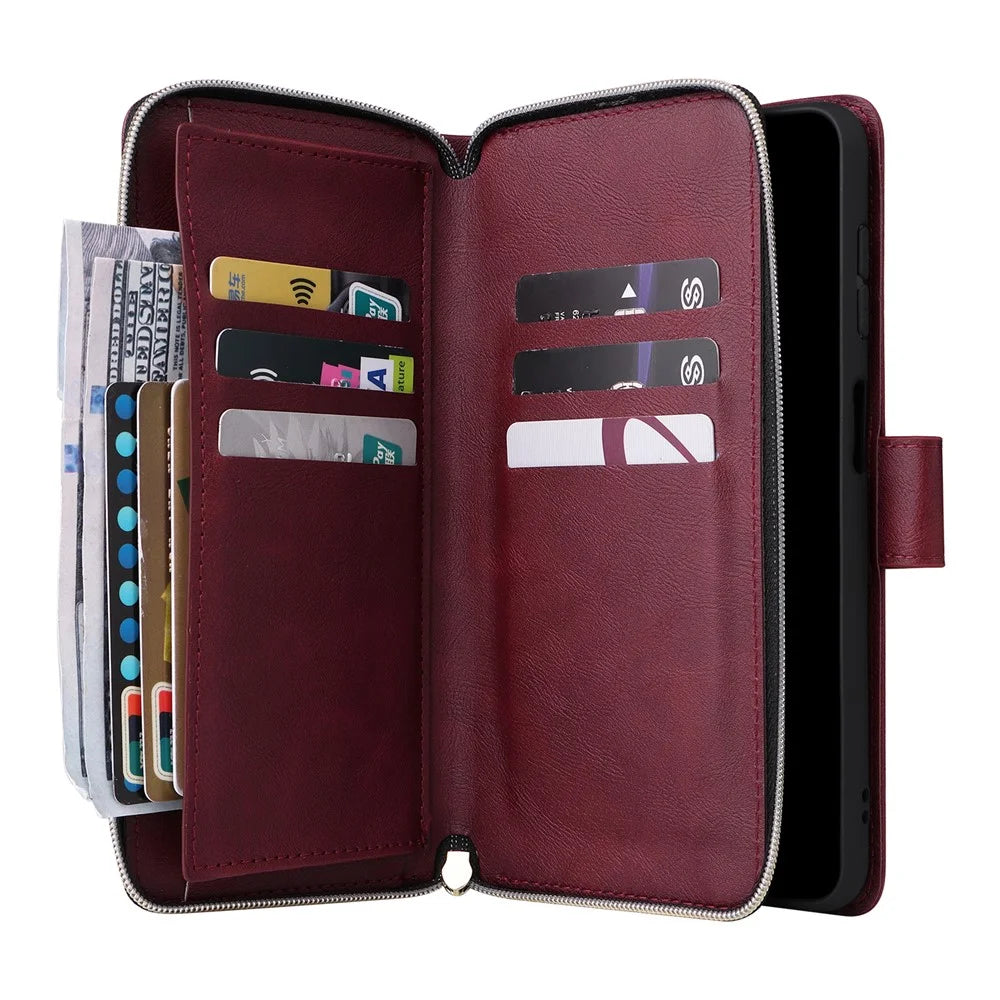 For Samsung Galaxy A26 5G Case Zipper Pocket PU Leather Phone Cover with Hand Strap - Wine Red - 3