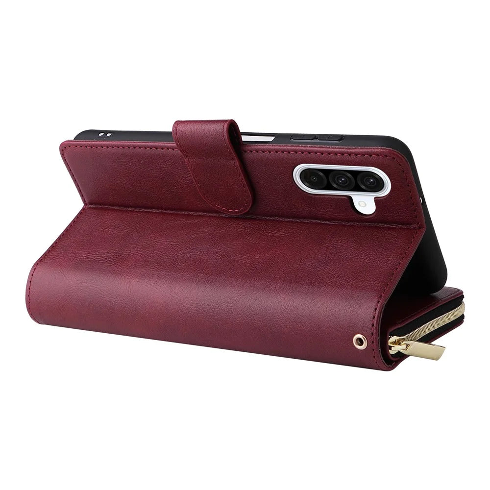For Samsung Galaxy A26 5G Case Zipper Pocket PU Leather Phone Cover with Hand Strap - Wine Red - 5
