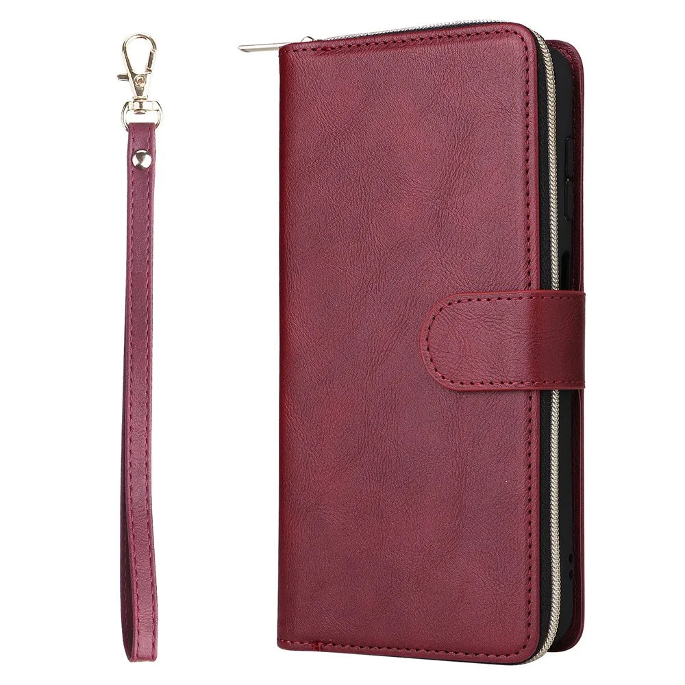 For Samsung Galaxy A26 5G Case Zipper Pocket PU Leather Phone Cover with Hand Strap - Wine Red - 6