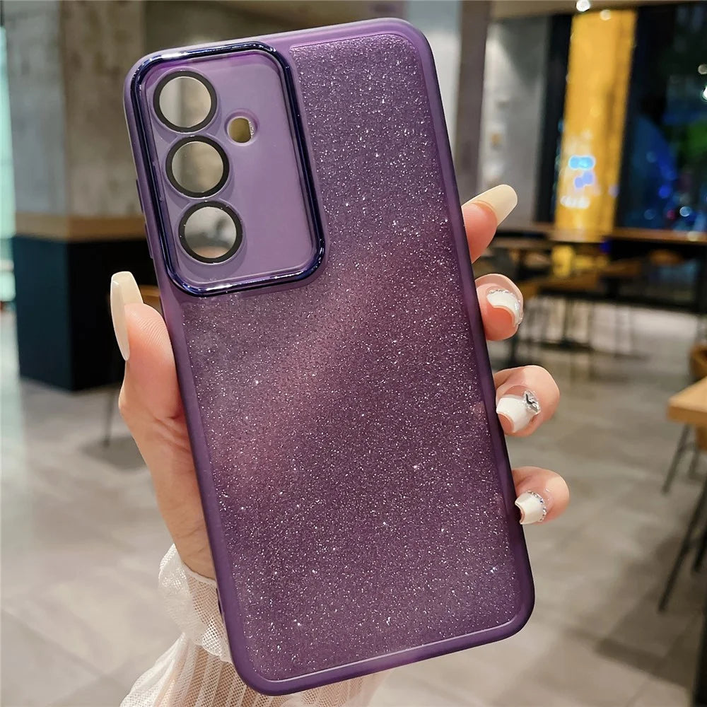 For Samsung Galaxy A36 5G Case Clear TPU Phone Cover With Camera Lens Protector Glitter Sticker - Transparent Purple - 1