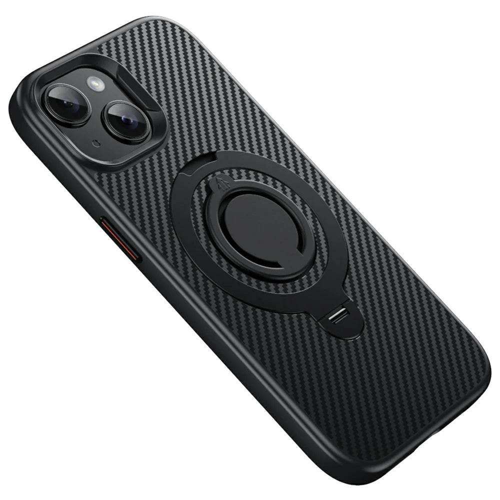 For iPhone 14 Case Compatible with MagSafe Kickstand Carbon Fiber Texture PC + TPU Back Cover with Silicone Ring - Black - 1