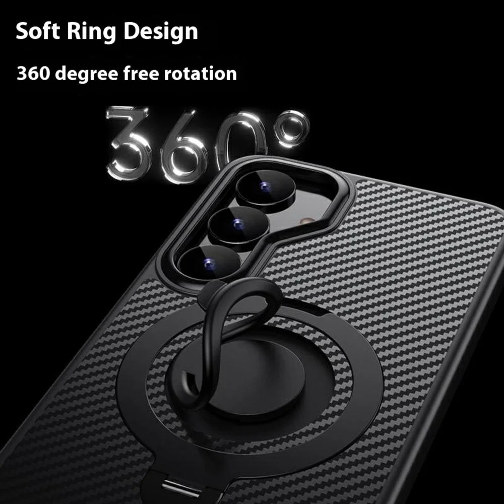 For Samsung Galaxy S25 Magnetic Case Kickstand Carbon Fiber Texture PC + TPU Back Cover with Silicone Ring - Black - 2