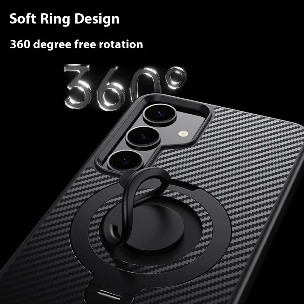For Samsung Galaxy S24 Magnetic Case Kickstand Carbon Fiber Texture PC + TPU Back Cover with Silicone Ring - Black - 2