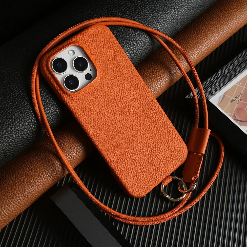For iPhone 16 Pro Max Case With Lanyard Genuine Cow Leather PC Phone Back Cover - Orange - 1