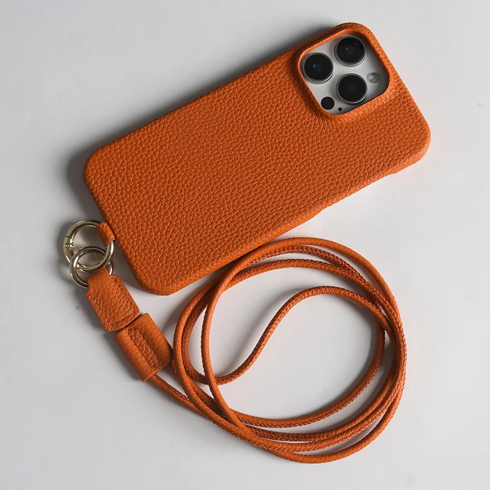 For iPhone 16 Pro Max Case With Lanyard Genuine Cow Leather PC Phone Back Cover - Orange - 2
