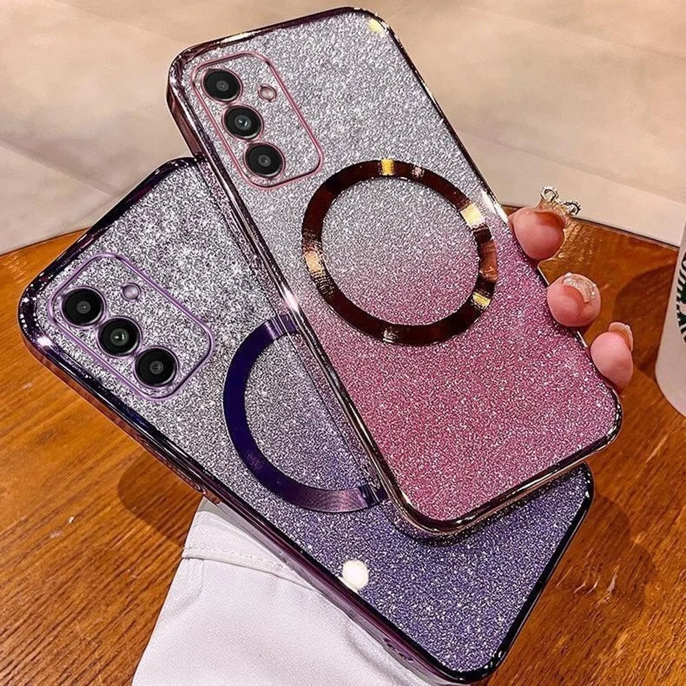 For Samsung Galaxy S25 Magnetic Case Electroplated Gradient Glitter TPU Phone Cover - Rose Gold - 2