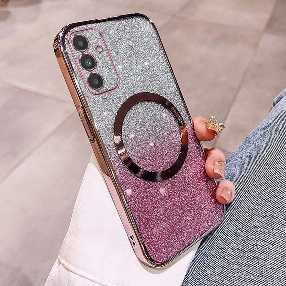 For Samsung Galaxy A16 5G  /  4G Magnetic Case Electroplated Gradient Glitter TPU Phone Cover - Rose Gold - 1