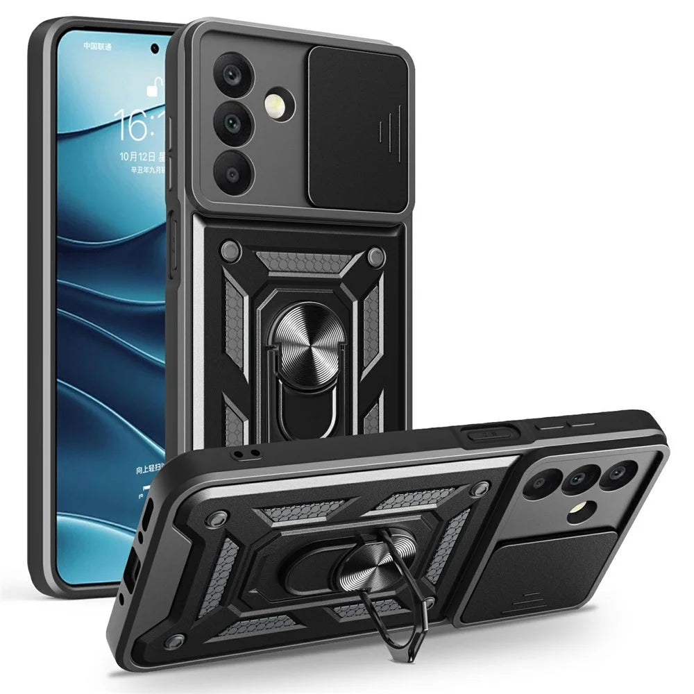 For Samsung Galaxy A26 5G Case with Slide Camera Lid PC+TPU Kickstand Phone Cover - Black - 1