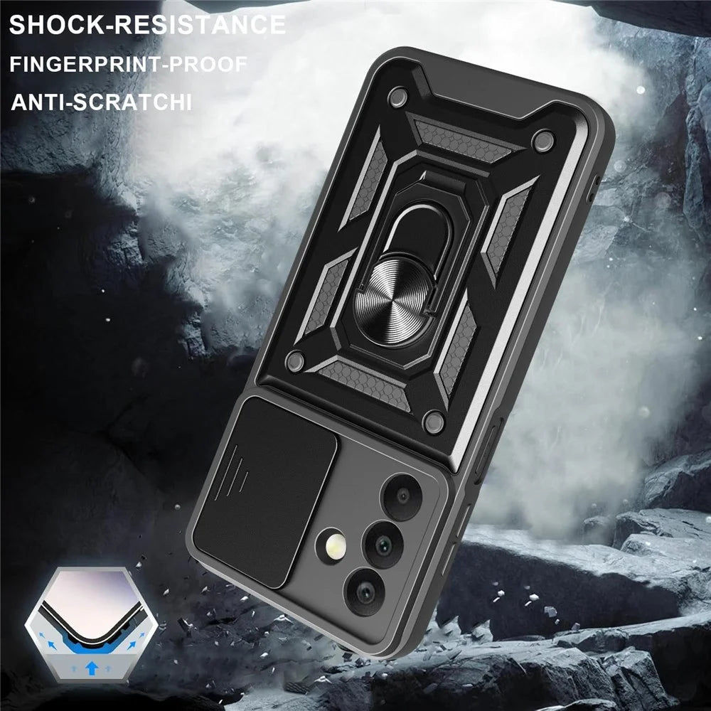 For Samsung Galaxy A26 5G Case with Slide Camera Lid PC+TPU Kickstand Phone Cover - Black - 6