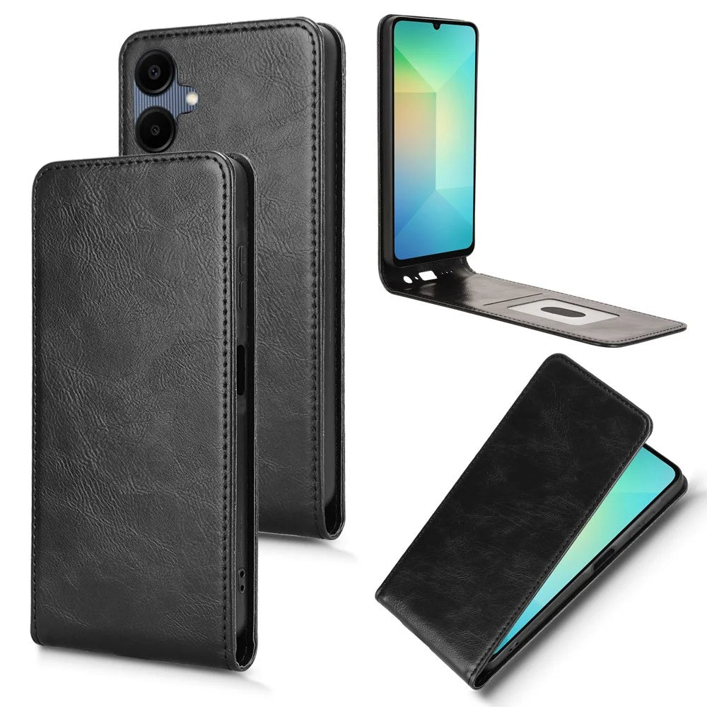 For Samsung Galaxy A06 4G Case with Card Slot Magnetic Vertical Flip Leather Phone Cover - Black - 4