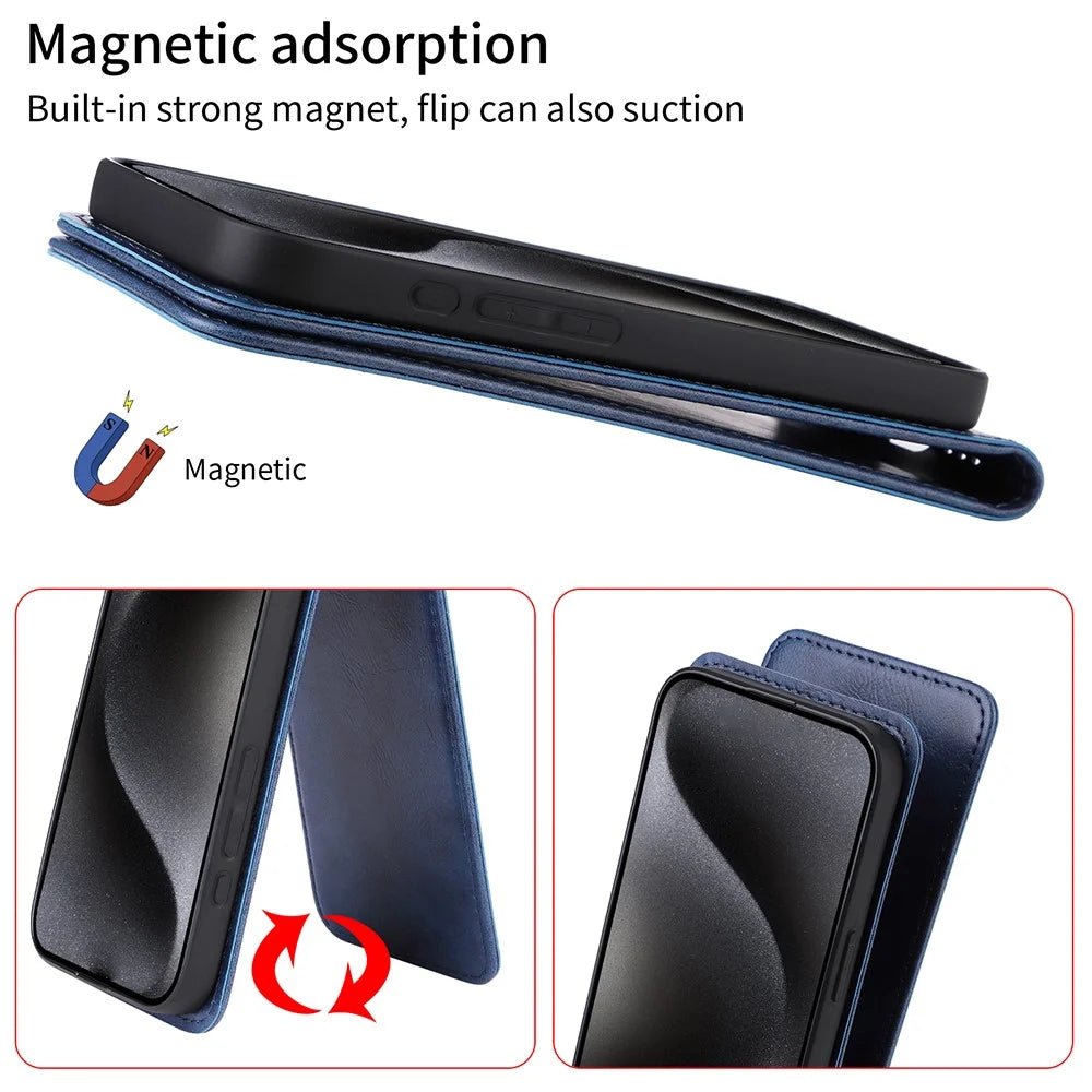 For Samsung Galaxy A06 4G Case with Card Slot Magnetic Vertical Flip Leather Phone Cover - Black - 6