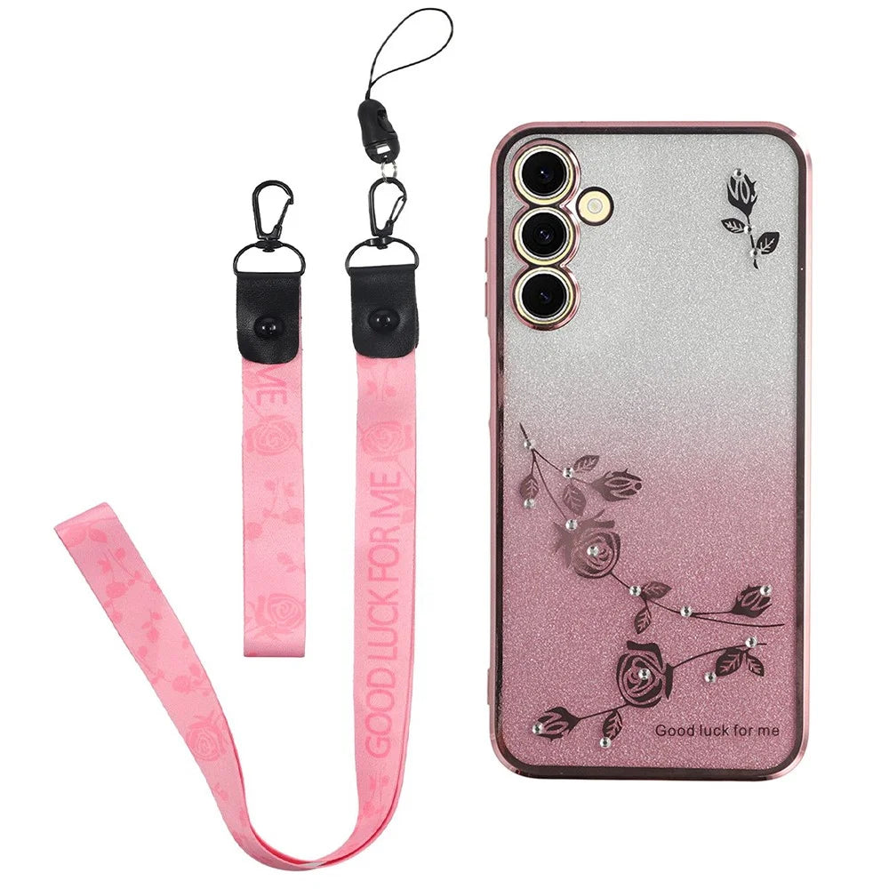 KADEM For Samsung Galaxy A56 5G Case Flower Pattern TPU Gradient Phone Cover with Lanyards - Rose Gold - 1