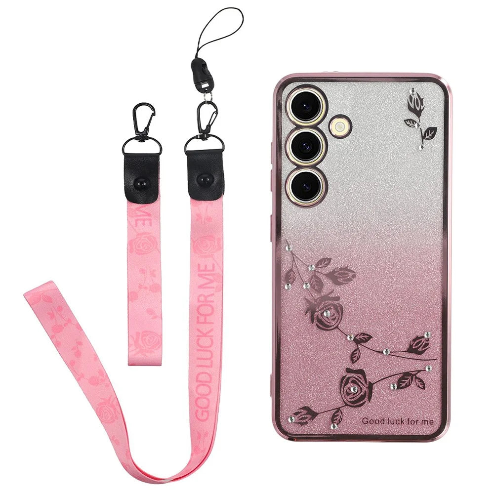 KADEM For Samsung Galaxy S24 FE Case Flower Pattern TPU Gradient Phone Cover with Lanyards - Rose Gold - 1