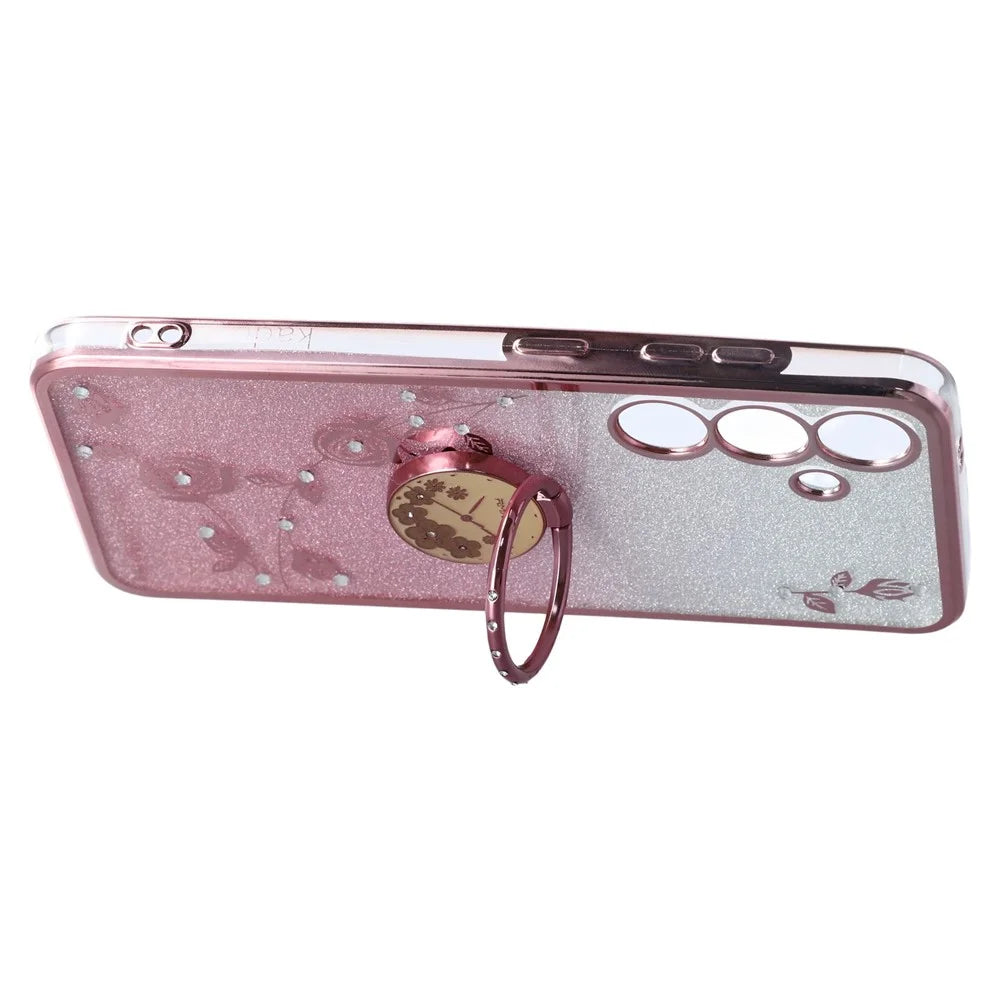KADEM For Samsung Galaxy S25+ Case Ring Kickstand TPU Flowers Phone Cover Gradient Glitter - Rose Gold - 4
