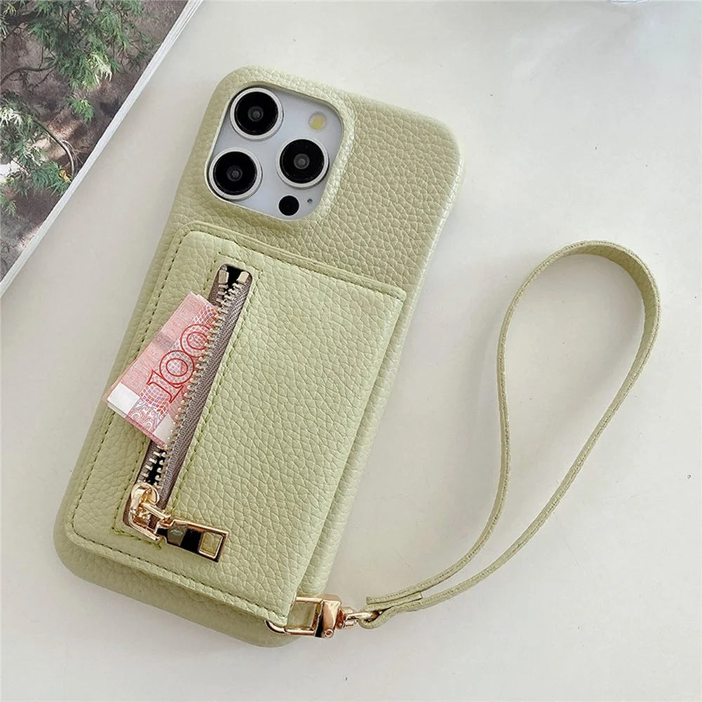 For iPhone 15 Pro Max Case Card Slots Kickstand PU Leather Back Cover with Zipper Pocket, Wrist Strap - Green - 2