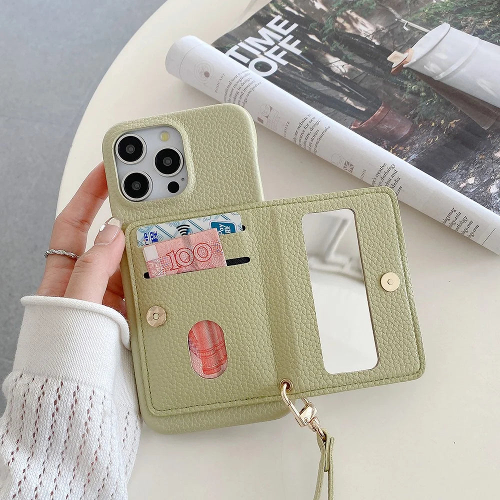 For iPhone 15 Pro Max Case Card Slots Kickstand PU Leather Back Cover with Zipper Pocket, Wrist Strap - Green - 4