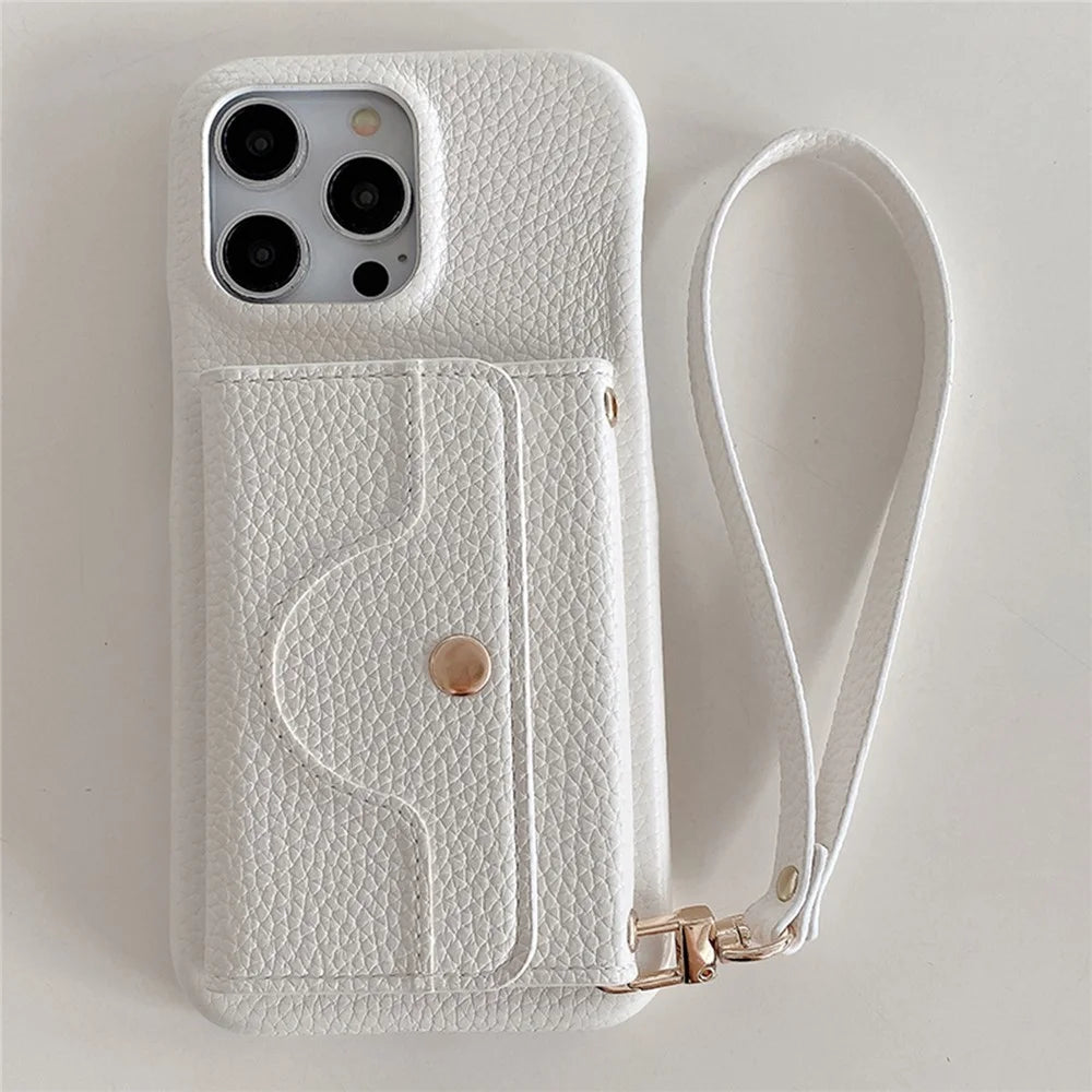 For iPhone 15 Pro Case Mirror Design PU Leather Back Cover with Card Slots, Wrist Strap - White - 2