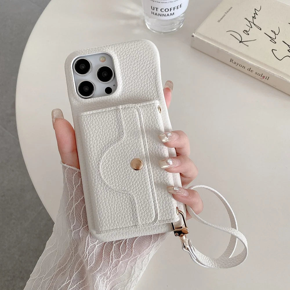 For iPhone 15 Pro Case Mirror Design PU Leather Back Cover with Card Slots, Wrist Strap - White - 4