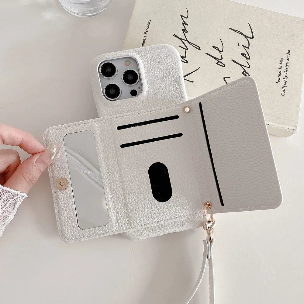 For iPhone 15 Pro Case Mirror Design PU Leather Back Cover with Card Slots, Wrist Strap - White - 5