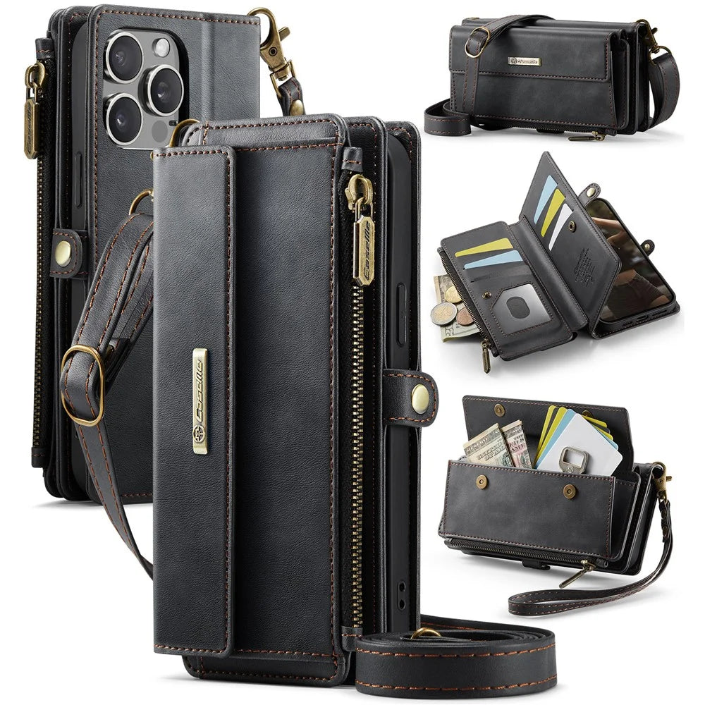 CASEME For iPhone 12 Pro 6.1 inch / iPhone 12 6.1 inch Case  C39 RFID Blocking Zipper Wallet Stand Leather Cover with Strap - Black - 1
