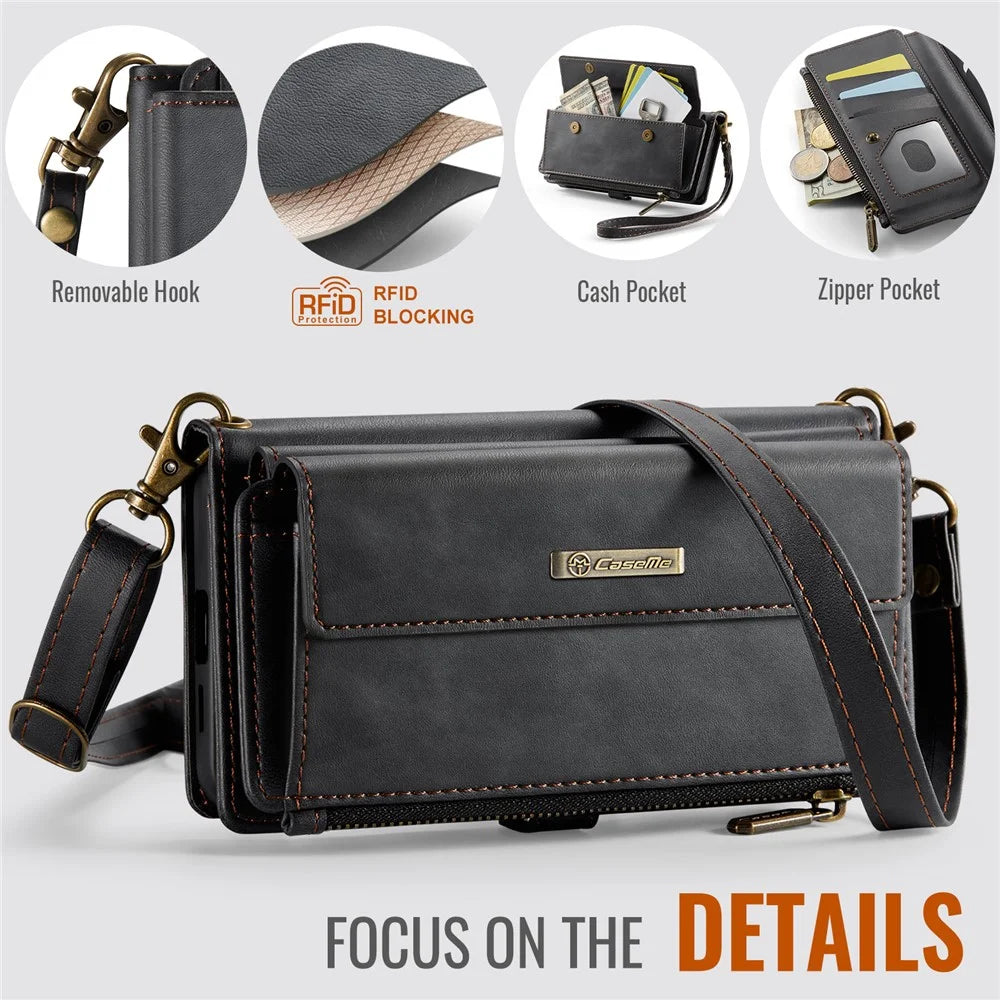 CASEME For Samsung Galaxy S23 Case  C39 RFID Blocking Zipper Wallet Stand Leather Cover with Strap - Black - 4