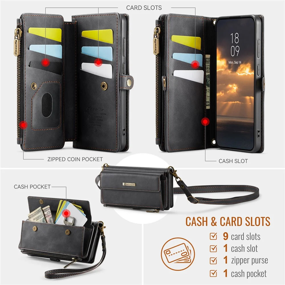 CASEME For Samsung Galaxy S22+ 5G Case  C39 RFID Blocking Zipper Wallet Stand Leather Cover with Strap - Black - 3