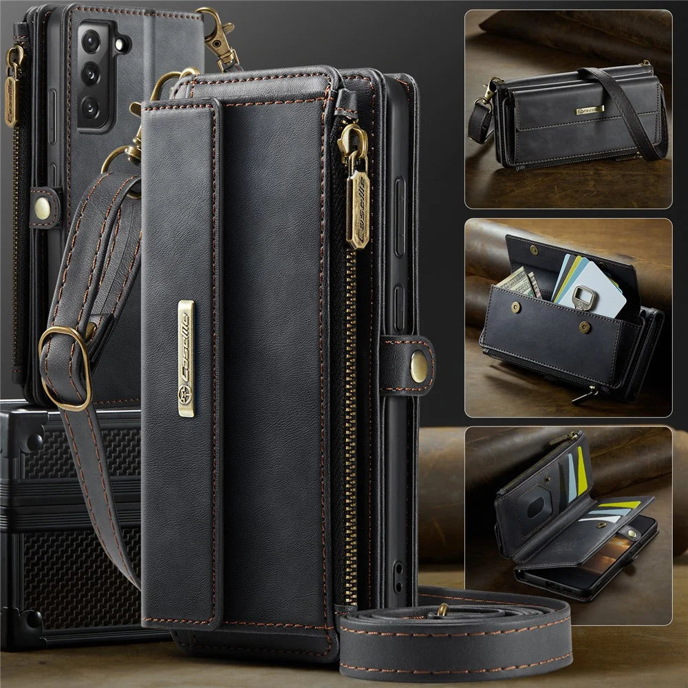 CASEME For Samsung Galaxy S22+ 5G Case  C39 RFID Blocking Zipper Wallet Stand Leather Cover with Strap - Black - 5