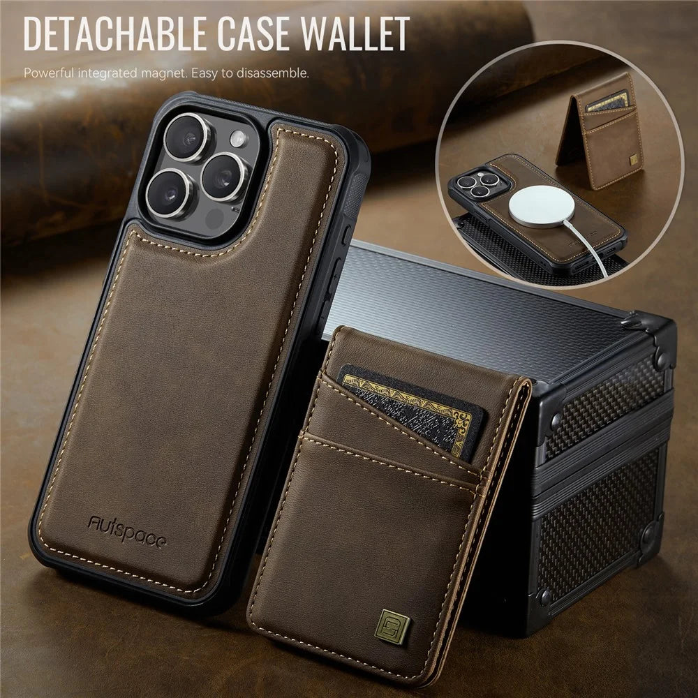 AUTSPACE For iPhone 12 Pro Max 6.7 inch Case  A12 Leather Phone Case with Detachable Card Bag - Coffee - 4