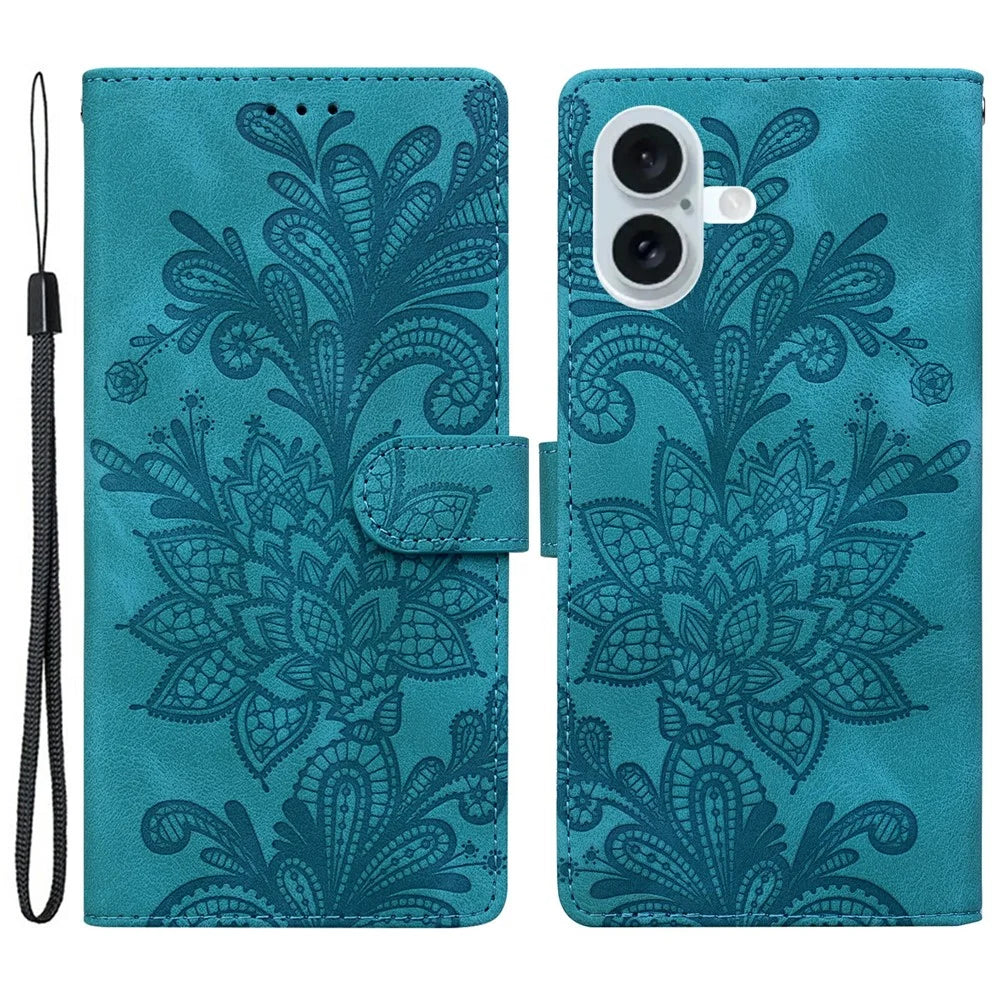 For iPhone 16 Plus Case Imprinted Lace Flowers PU Leather Wallet Phone Cover - Green - 1