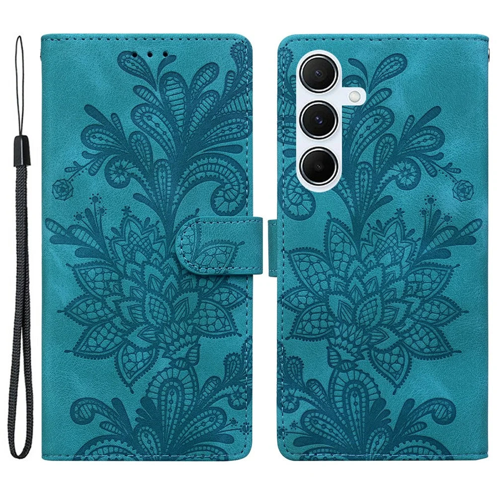 For Samsung Galaxy A25 5G (Global) (161.0 x 76.5 x 8.3mm) Case Imprinted Lace Flowers PU Leather Wallet Phone Cover - Green - 1