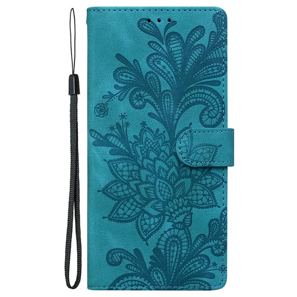 For Samsung Galaxy A25 5G (Global) (161.0 x 76.5 x 8.3mm) Case Imprinted Lace Flowers PU Leather Wallet Phone Cover - Green - 7