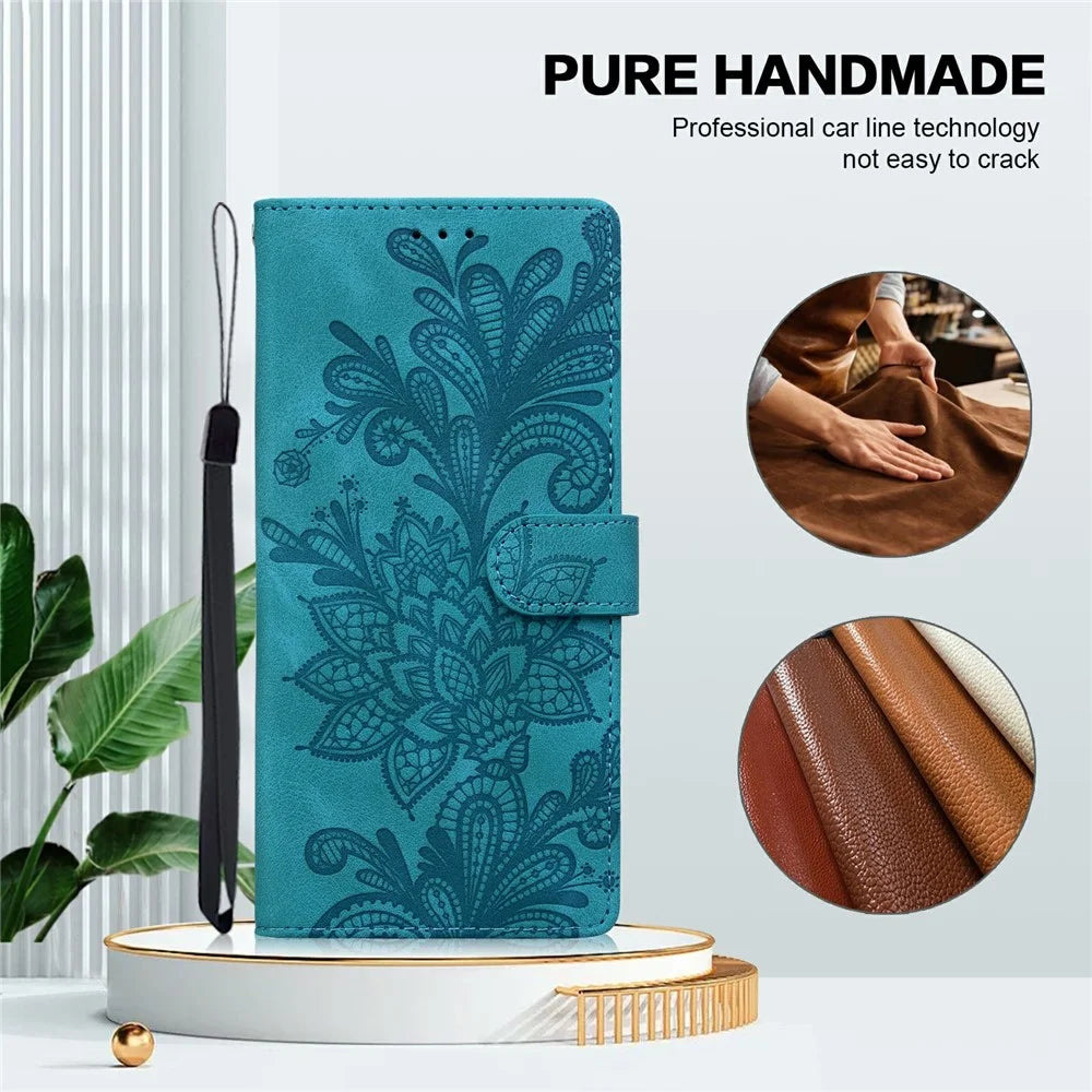 For Samsung Galaxy A26 5G Case Imprinted Lace Flowers PU Leather Wallet Phone Cover - Green - 5