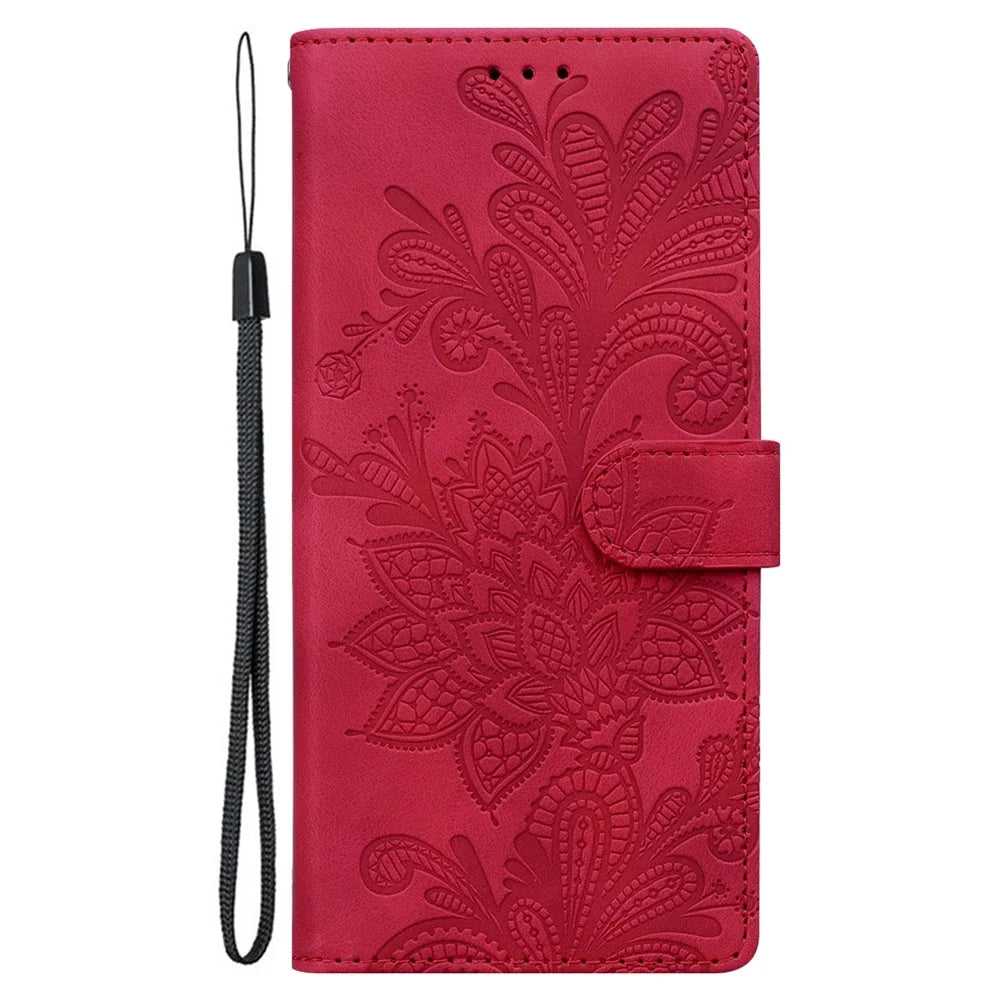 For Samsung Galaxy S24 FE Case Imprinted Lace Flowers PU Leather Wallet Phone Cover - Red - 7