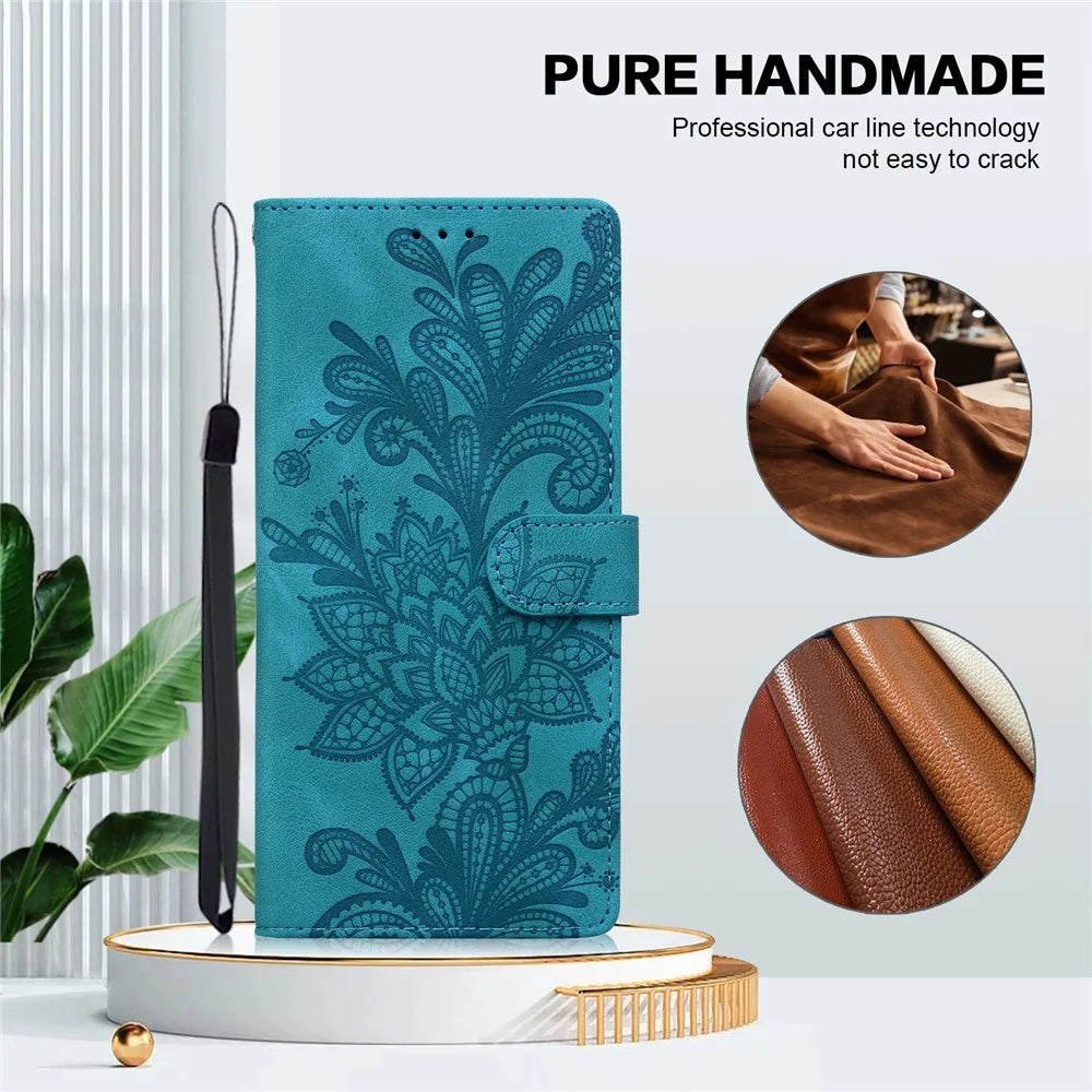 For Samsung Galaxy S25+  /  S24+ Case Imprinted Lace Flowers PU Leather Wallet Phone Cover - Green - 5