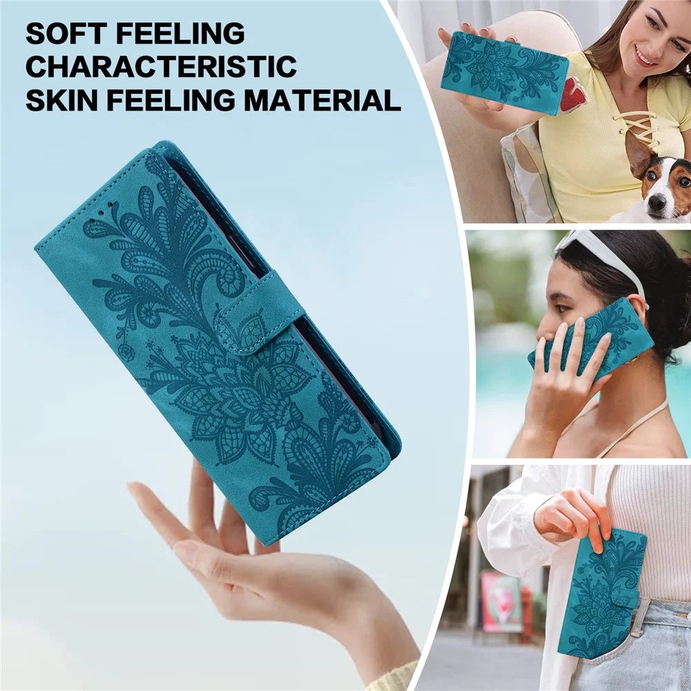 For Samsung Galaxy S25+  /  S24+ Case Imprinted Lace Flowers PU Leather Wallet Phone Cover - Green - 6