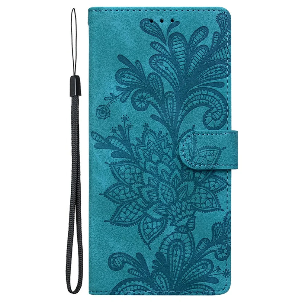 For Samsung Galaxy S25+  /  S24+ Case Imprinted Lace Flowers PU Leather Wallet Phone Cover - Green - 7