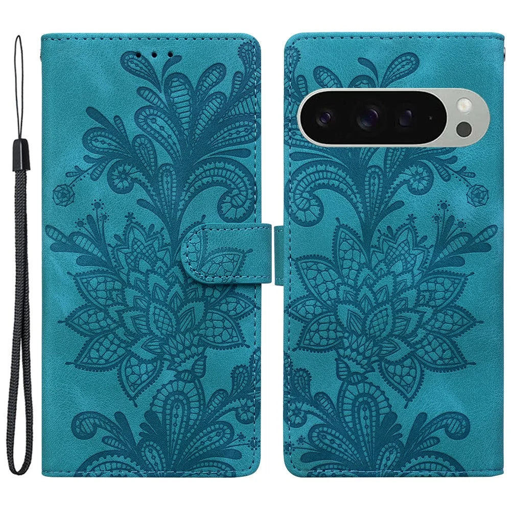 For Google Pixel 9 Pro XL Case Imprinted Lace Flowers PU Leather Wallet Phone Cover - Green - 1