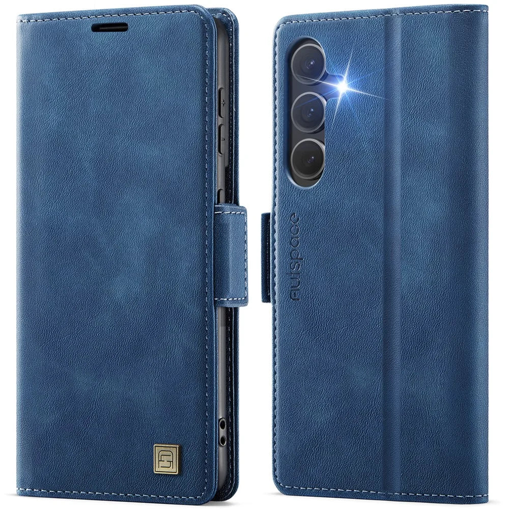 AUTSPACE For Samsung Galaxy S24+ Case  A11 RFID Blocking Retro Leather Cell Phone Wallet Cover - Blue - 1