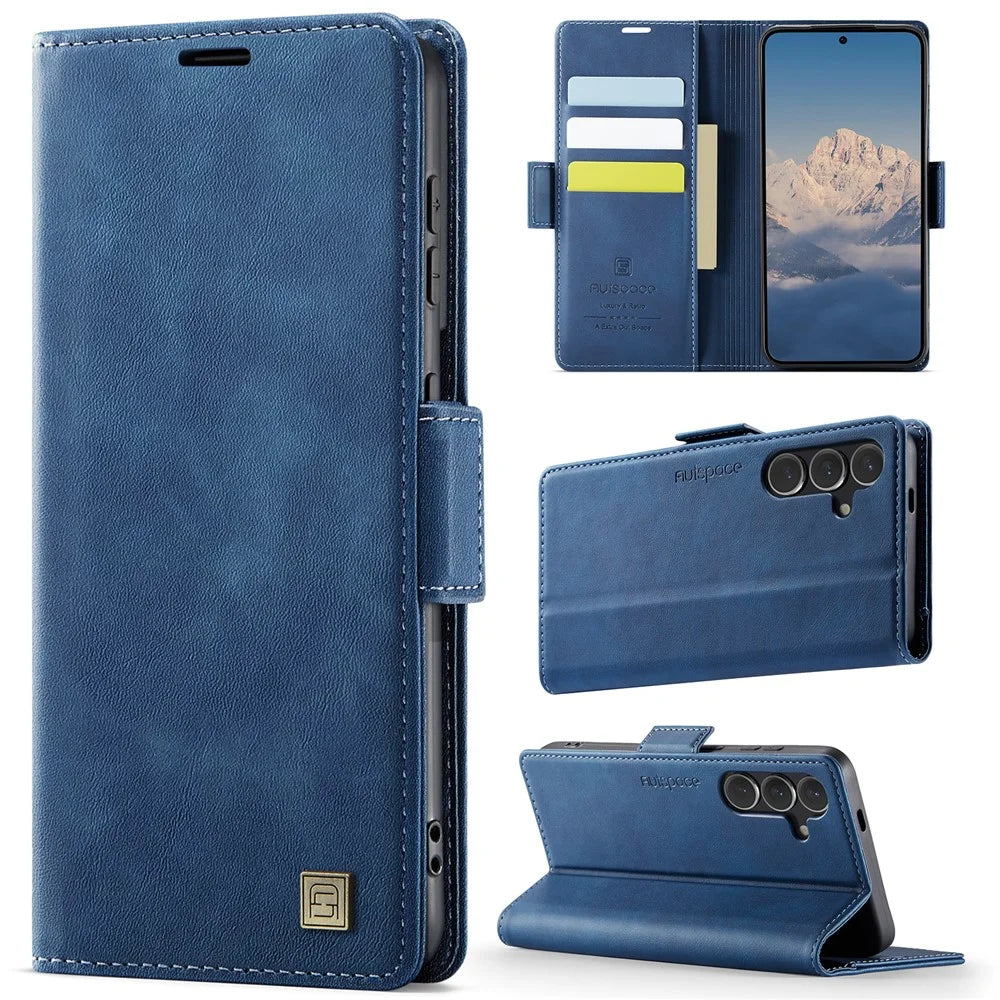 AUTSPACE For Samsung Galaxy S24+ Case  A11 RFID Blocking Retro Leather Cell Phone Wallet Cover - Blue - 2