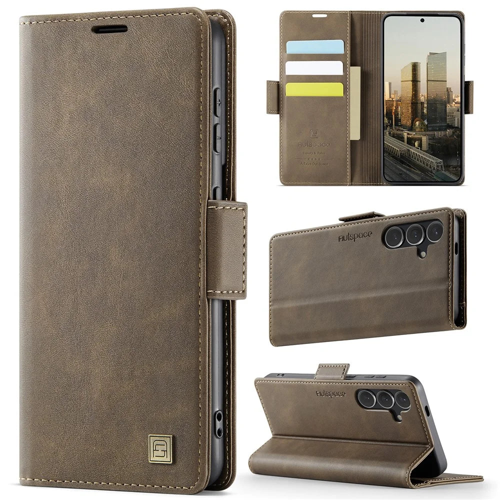 AUTSPACE For Samsung Galaxy S23 FE Case  A11 RFID Blocking Retro Leather Cell Phone Wallet Cover - Brown - 2