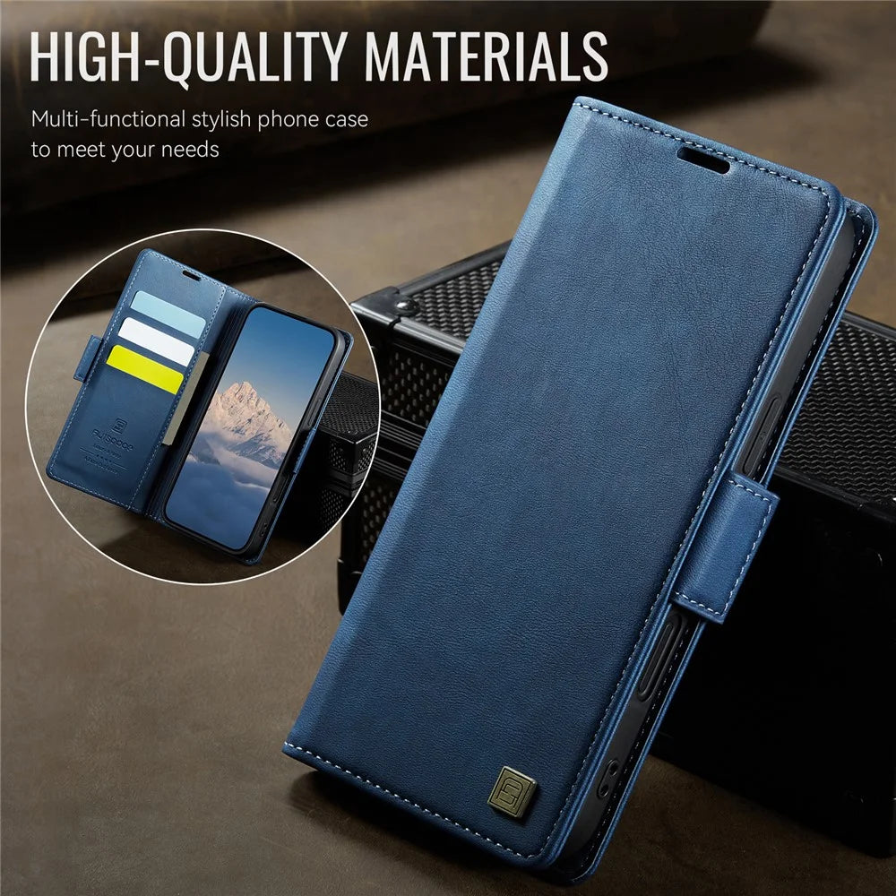 AUTSPACE For iPhone 16 Pro Case  A11 RFID Blocking Retro Leather Cell Phone Wallet Cover - Blue - 4