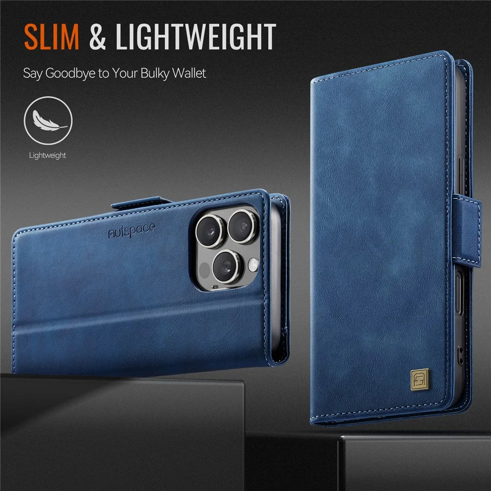 AUTSPACE For iPhone 16 Pro Case  A11 RFID Blocking Retro Leather Cell Phone Wallet Cover - Blue - 7