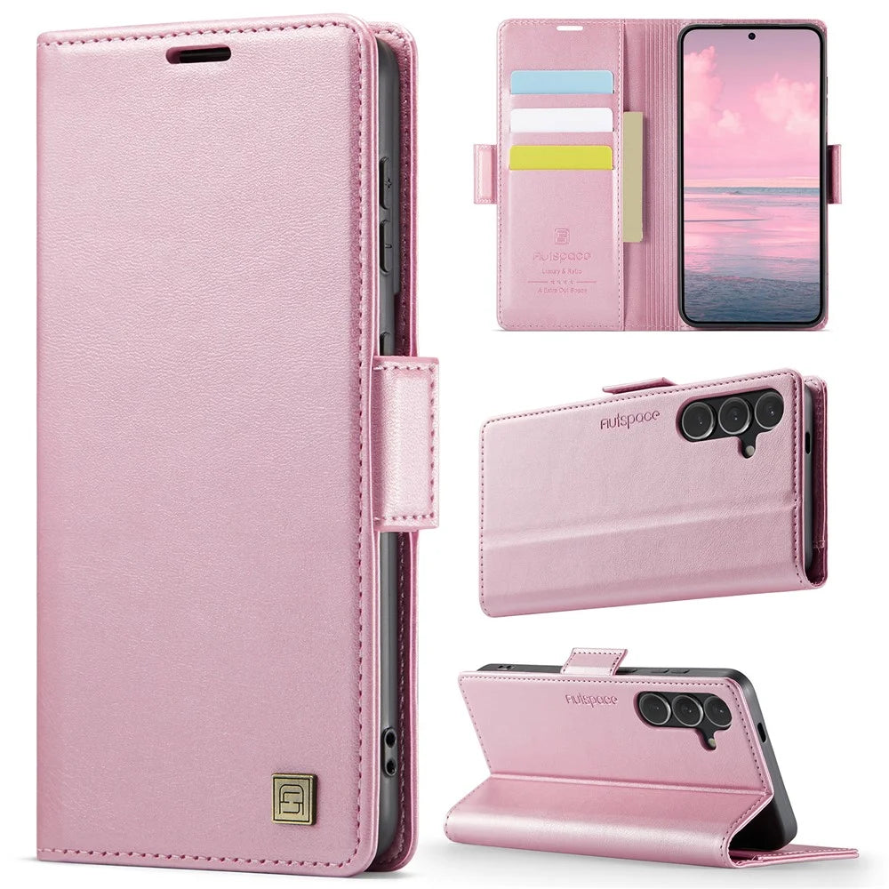 AUTSPACE For Samsung Galaxy S24 FE Case  A11 RFID Blocking Retro Leather Cell Phone Wallet Cover - Pink - 2