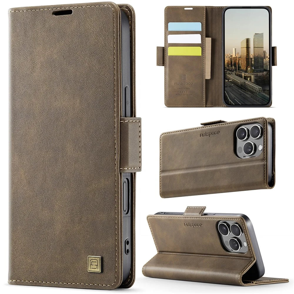 AUTSPACE For iPhone 16 Pro Max Case  A11 RFID Blocking Retro Leather Cell Phone Wallet Cover - Brown - 2