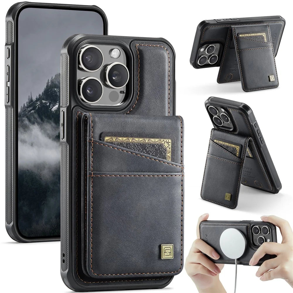 AUTSPACE For iPhone 14 Pro Max Case  A12 Leather Phone Case with Detachable Card Bag - Black - 1