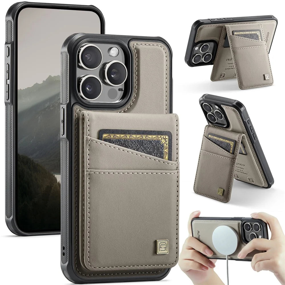 AUTSPACE For iPhone 15 Pro Max Case  A12 Leather Phone Case with Detachable Card Bag - Grey - 1