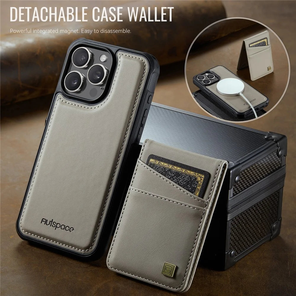 AUTSPACE For iPhone 15 Pro Max Case  A12 Leather Phone Case with Detachable Card Bag - Grey - 4