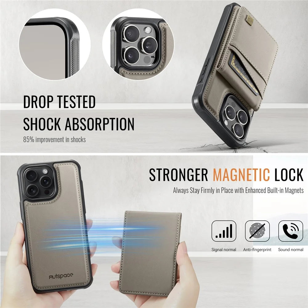 AUTSPACE For iPhone 15 Pro Max Case  A12 Leather Phone Case with Detachable Card Bag - Grey - 6